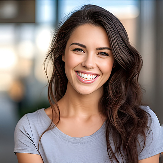 Closeup of woman in grey shirt smiling outside