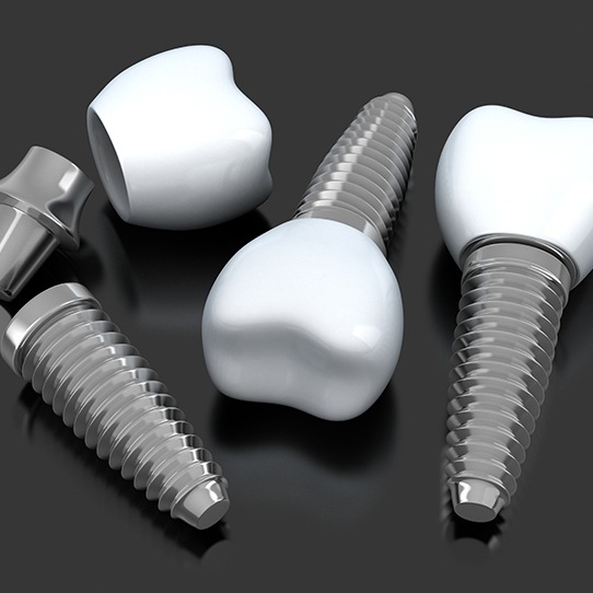 Three animated dental implant supported dental crowns